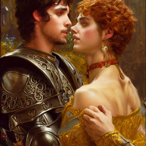 Image similar to attractive fully clothed prince confesses his love for his attractive fully clothed male knight. highly detailed painting by gaston bussiere, craig mullins, j. c. leyendecker 8 k