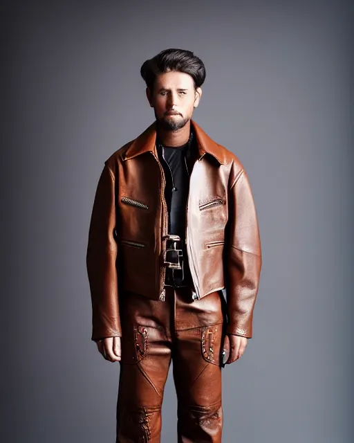 Prompt: an award - winning photo of a brown cropped extremely baggy pirate designer menswear leather jacket with an oversized collar and bootcut trousers designed by alexander mcqueen, 4 k, studio lighting, wide angle lens