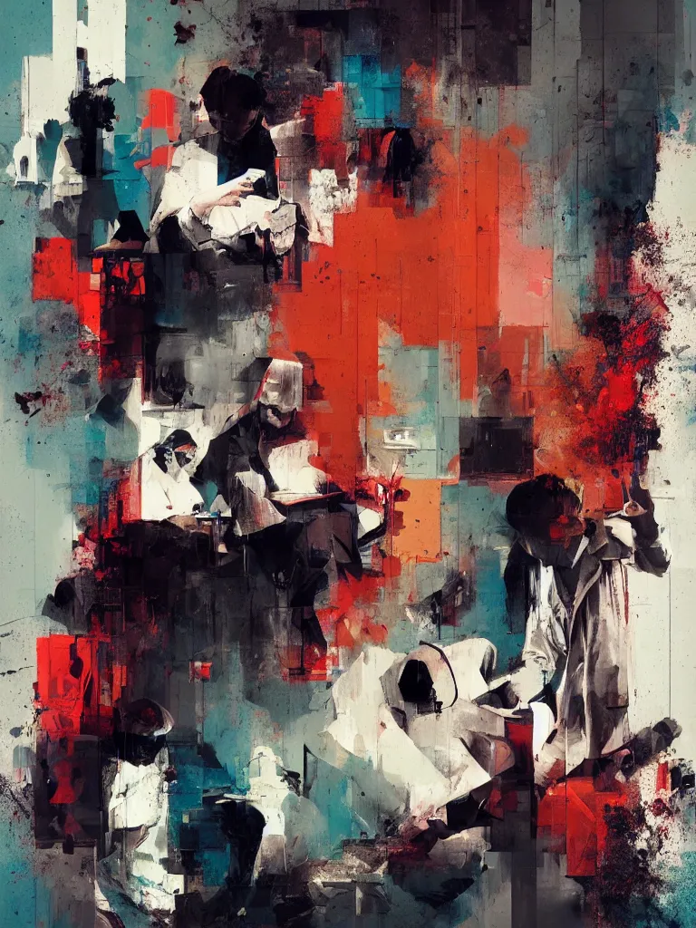 Image similar to a beautiful glitched picture by joram roukes of people looking at their phone in a bathroom, color bleeding, brushstrokes by jeremy mann