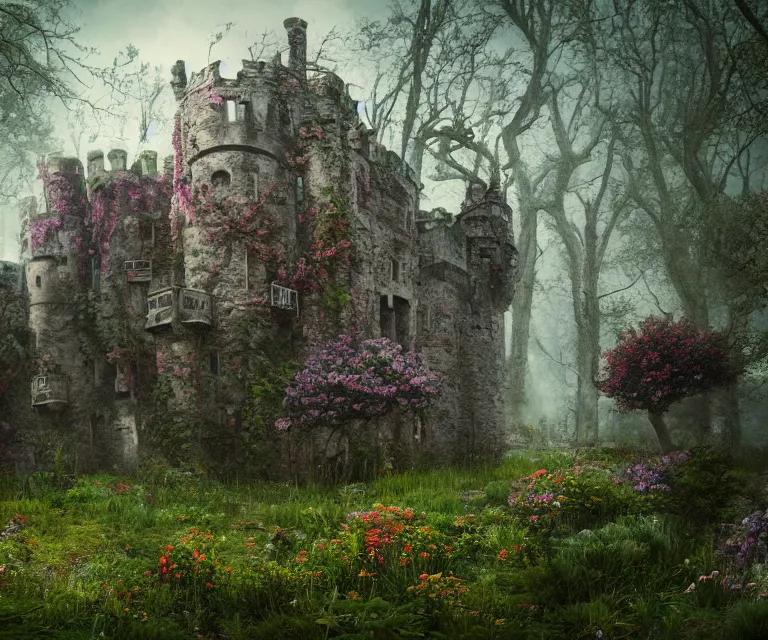 Image similar to old rundown castle in the middle of a haunted forest, foggy, high fantasy, colorful flowers, aged vegetation, photorealism