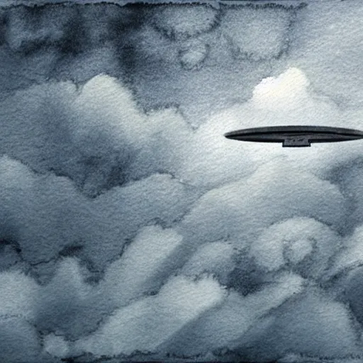 Image similar to high - angle view, from 1 0 0 0 feet in distance, vague uap interstellar vehicle on top of dramatic moody clouds in the sky, muted ink and watercolor. minimalist, detailed, muted colors. ue 5