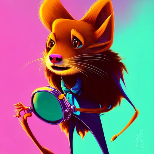 Image similar to curved perspective, extreme narrow, extreme fisheye, digital art of a marten animal cartoon character wearing a wig a jewlery by anton fadeev from nightmare before christmas