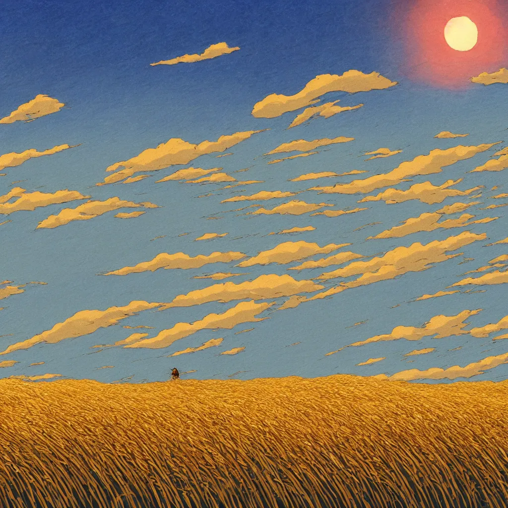 Prompt: sharp focus, breath taking beautiful, Aesthetically pleasing, gouache field of grain at golden hour, digital concept art background by Hayao Miyazaki and Studio Ghibli, fine art, official media, high definition, illustration, ambient lighting, HDR, HD, UHD, 4K, 8K, cinematic, high quality scan, award winning, trending, featured, masterful, dynamic, energetic, lively, elegant, intricate, complex, highly detailed, Richly textured, Rich vivid Color, masterpiece.