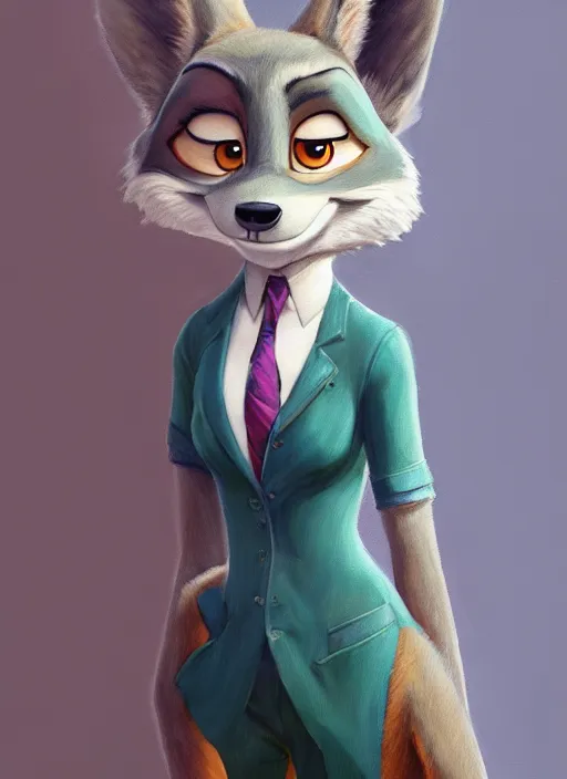 Image similar to oil painting detailed full body of anthromorphic female wolf, in style of zootopia, zootopia, zootopia, fursona, furry, furaffinity, 4 k, deviantart, furry art, fursona art, wearing black business suit, business suit, in style of zootopia, wolf fursona, cyberpunk, female, expressive, detailed feminine face,