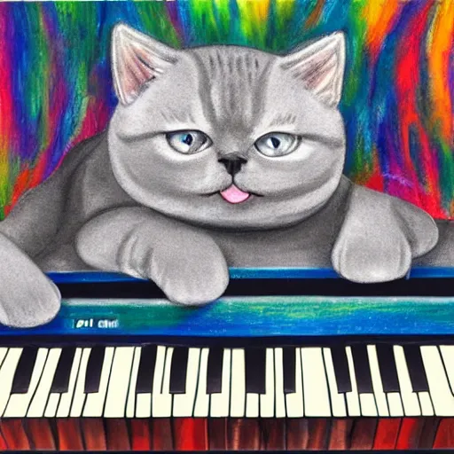 Prompt: grey british shorthair cat sitting playing piano keyboard with colorful abstract musical note background detailed oil pastel painting 4 k