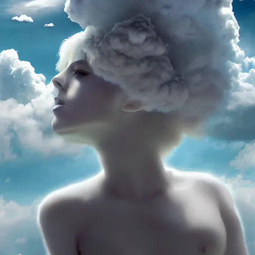 Image similar to goddess wearing a cloud fashion on the clouds, photoshop, colossal, creative, albino skin, giant, digital art, photo manipulation, clouds, covered in clouds, girl clouds, on clouds, covered by clouds, a plane flying on the clouds, digital painting, artstation