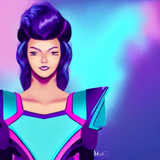 Image similar to a stunning upper body portrait of a beautiful young woman wearing futuristic navy blue and teal battle bodyarmor with shoulder pads, ombre purple and pink hairstyle, hair blowing in the wind, by marvel comics, digital art, trending on artstation