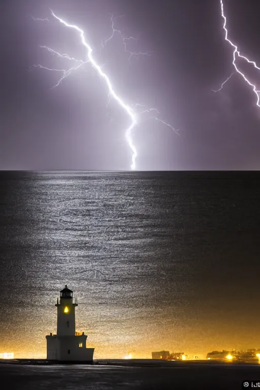 Prompt: photo lighthouse on island, heavy rain, lightning storm, boat lights in distance, night, light shining, XF IQ4, 150MP, 50mm, f/1.4, ISO 200, 1/160s, natural light, Adobe Photoshop, Adobe Lightroom, DxO Photolab, polarizing filter, Sense of Depth, AI enhanced, HDR