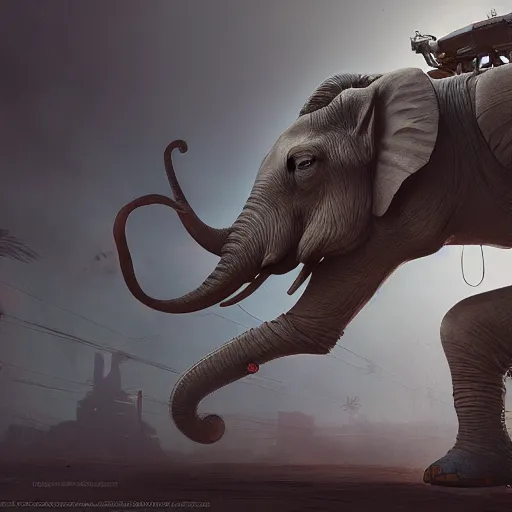 Image similar to Cyborg elephant in battle, by Cedric Peyravernay, highly detailed, excellent composition, cinematic concept art, dramatic lighting, trending on ArtStation
