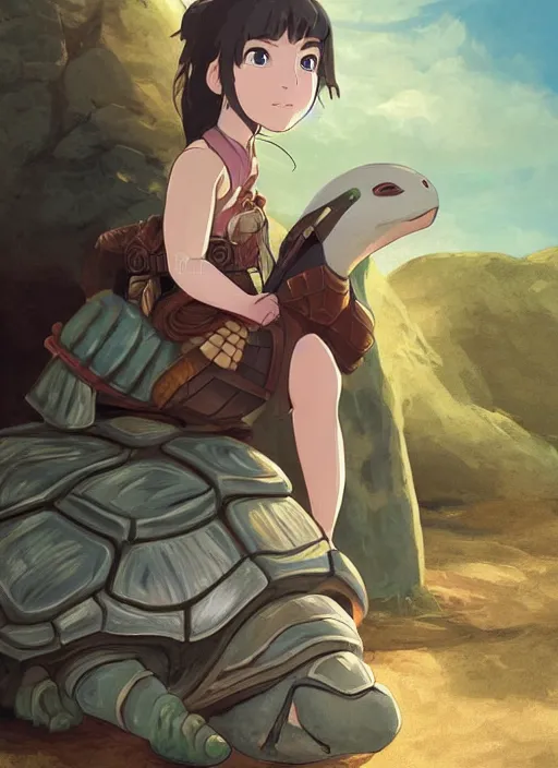 Image similar to portrait of a little warrior girl character sitting on top of a giant armored turtle in the desert, studio ghibli epic character with dark skin and beautiful green eyes. the girl has a very beautiful detailed symmetrical face, long black hair, the turtle has a big smiling face and closed eyes, bright colors, diffuse light, dramatic landscape, fantasy illustration