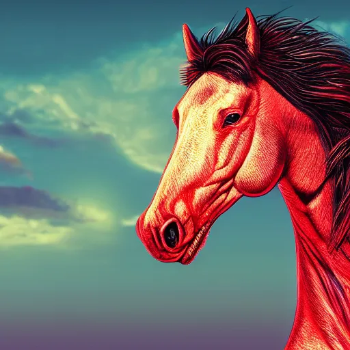 Prompt: digital horse, retrowave palette, highly detailed, anatomically correct equine, synth feel, smooth face, ear floof, flowing mane, no reins, super realism, accurate animal imagery, small mouth, 4 k digital art