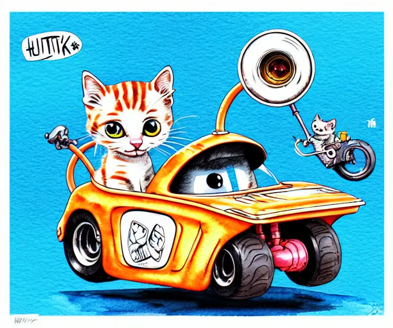 Image similar to cute and funny, kitten wearing a helmet riding in a tiny hot rod with an oversized engine, ratfink style by ed roth, centered award winning watercolor pen illustration, isometric illustration by chihiro iwasaki, edited by range murata, tiny details by artgerm and watercolor girl, symmetrically isometrically centered, sharply focused