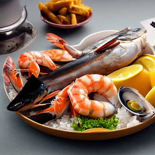Prompt: an hd 4 k photo of a delicious seafood dinner, film, 5 star rating
