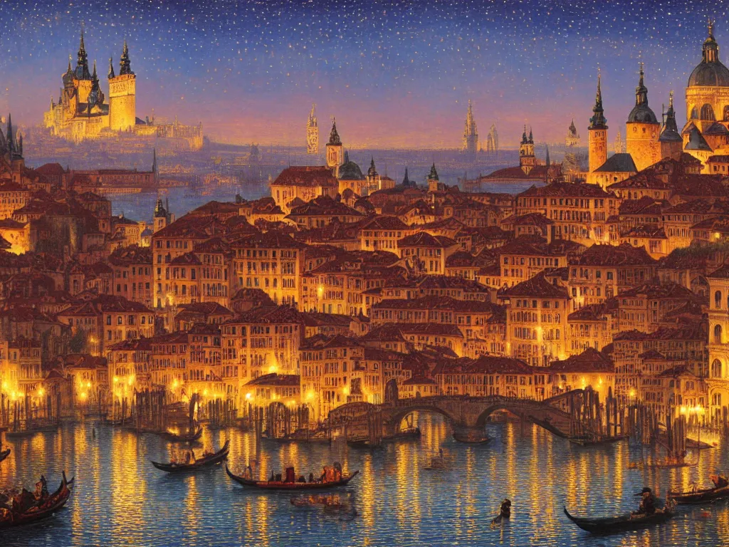 Prompt: a view of an ancient medieval castle city resembling prague castle and venice at night with a sky full of stars, intricate, elegant, highly detailed, digital painting, artstation, concept art, smooth, sharp focus, colored illustration for tattoo, art by thomas kincade and alphonse mucha,