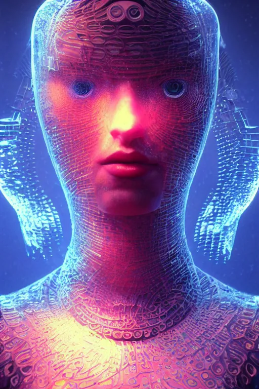 Image similar to a centered render of an ancient futuristic machine with digital modifications surrounded by a underwater ink pour and flowing liquid gallium and complex sacred geometry, perfect body and face, powerful, cinematic, beautifully lit, by beeple, by artgerm, by karol bak, 3 d, trending on artstation, octane render, 8 k