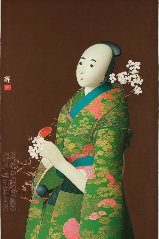 Prompt: a elegant japanese robot with fluo color detail, and muted arm colors, standing in a lush dutch master painting of flowers