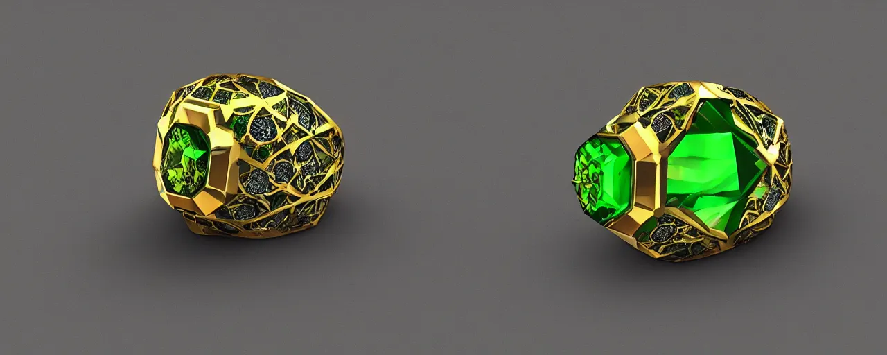 Image similar to simple magic crystal ring of poison, radiant cut, green, gold, black, purple. smooth shank, setting, prongs, crystal, engravings, diamonds, product design, jewelry, colorful, art by gerald brom, greg rutkowski and artgerm, photo realism, unreal engine, c 4 d