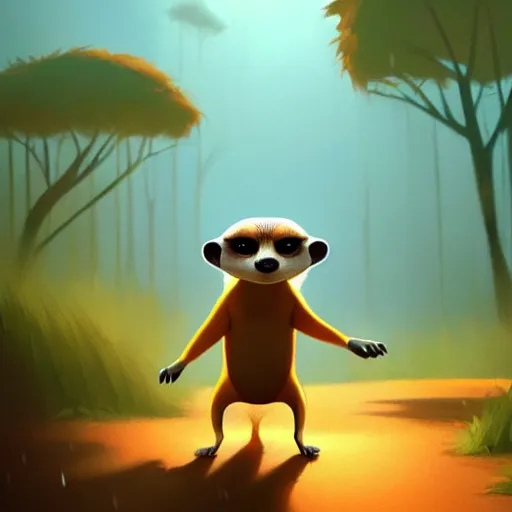 Image similar to goro fujita ilustration a beautiful meerkat walking calmly through a rain forest with the first rays of sun by goro fujita, painting by goro fujita, sharp focus, highly detailed, artstation