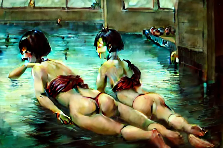 Image similar to Asian girls dreaming of blooming at a swimming pool, dark mood, John Singer Sargant, by Bastien Lecouffe-Deharme, James Jean, Edward Hopper, trending on artstation, Peter Doig, 4k, 8k, HD