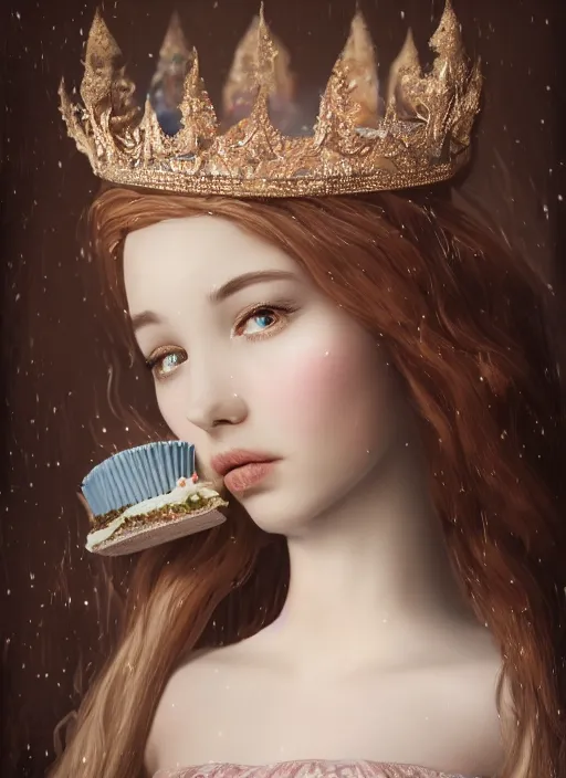 Image similar to closeup face profile portrait of a fairytale princess wearing a crown eating cakes, bikini, depth of field, zeiss lens, detailed, symmetrical, centered, fashion photoshoot, by nicoletta ceccoli, mark ryden, lostfish, breathtaking, 8 k resolution, extremely detailed, beautiful, establishing shot, artistic, hyperrealistic, octane render