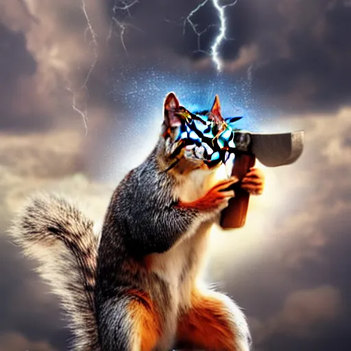 Image similar to the squirrel thor ~ holding his hammer ~ dramatic thunder background ~ fighting scene ~