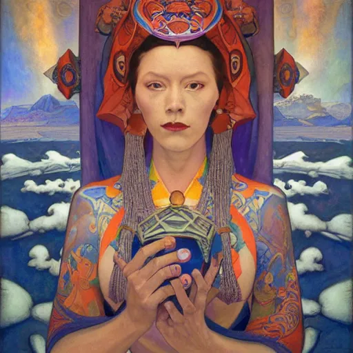 Prompt: queen of the dawn with her lantern and regalia, by donato giancola and nicholas roerich, and diego rivera, symbolist, tattoos, dramatic lighting, elaborate geometric ornament, art brut, god rays, soft cool colors, smooth, sharp focus, extremely detailed