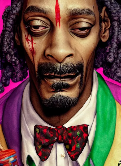 Image similar to snoop dogg is the joker, hyper detailed, digital art, trending in artstation, cinematic lighting, studio quality, smooth render, unreal engine 5 rendered, octane rendered, art style by klimt and nixeu and ian sprigger and wlop and krenz cushart.