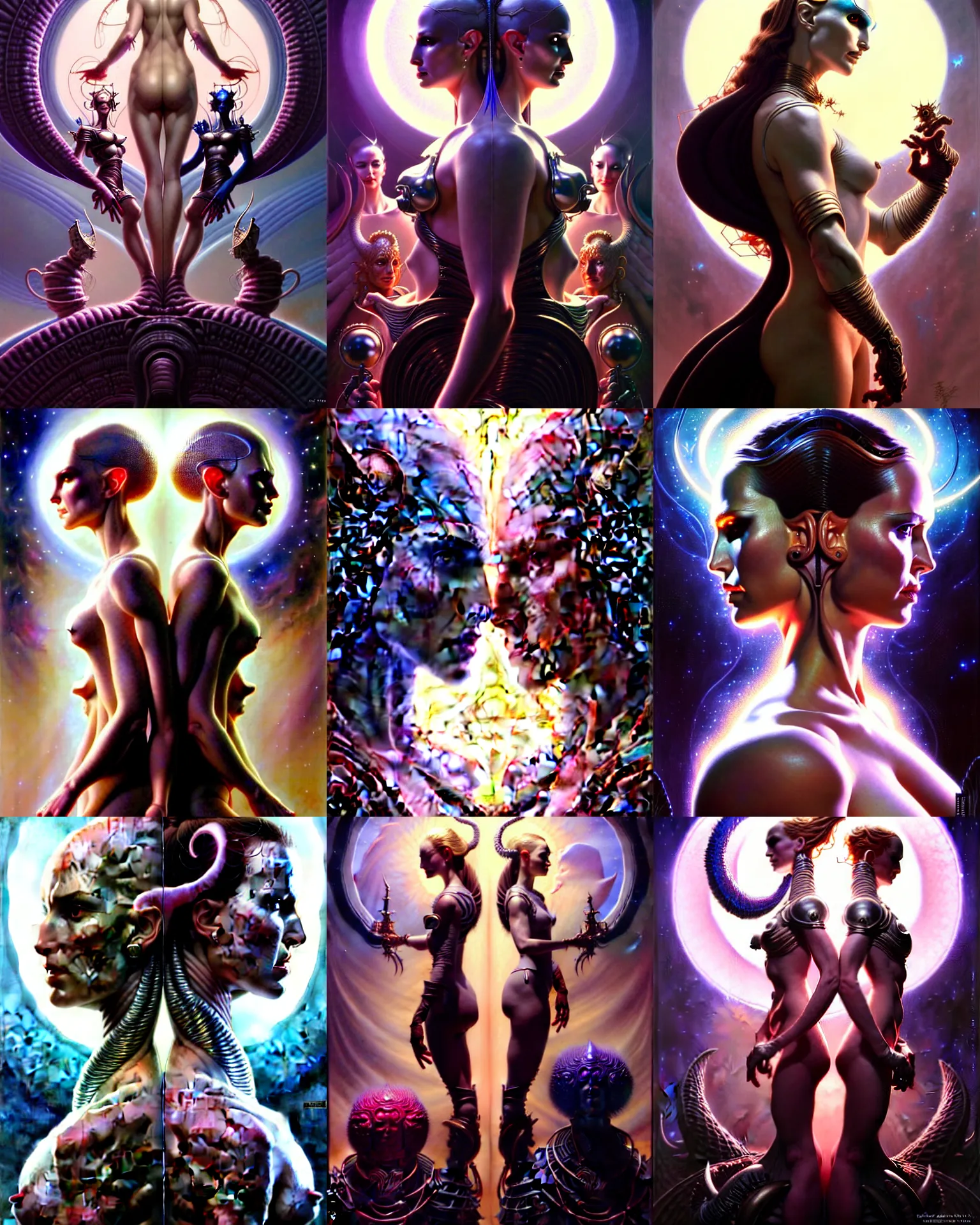 Prompt: beautiful gemini good and evil fantasy character portrait, natalie portman, ultra realistic, wide angle, intricate details, the fifth element artifacts, highly detailed by peter mohrbacher, hajime sorayama, wayne barlowe, boris vallejo, aaron horkey, gaston bussiere, craig mullins