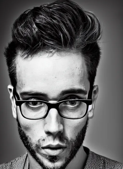 Prompt: black and white profile photo, studio photograph of a male handsome andrea belluci wearing glasses the painter artist, anxiety and depression, intricate, elegant, highly detailed, hyper realistic, dark background, flickr, smooth, sharp focus, shot by canon