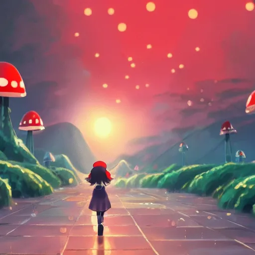 Image similar to beautiful anime girl walking in rainy mushroom village at night, super mario style, red and white spotted mushroom houses, geometric mountains in distance, landscape, anime key visual, digital art, anime screenshot, kyoto animation, makoto shinkai, trending on artstation