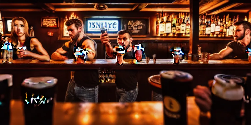 Prompt: a photo of a bar fight inside a pub between good looking people, Leica, symmetrical faces, muscles, detailed faces, accurate faces, 4k, 3D render, hyperrealism, editorial, photorealistic, crisp details, sharp focus, wide angle lens, octane render, cinematic lighting