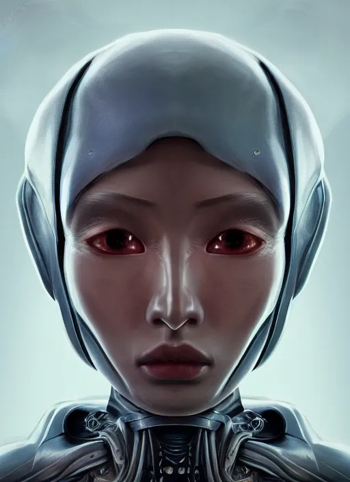 Image similar to beautiful portrait of an alien cyborg, style of Feng Zhu, Artstation geometric, aesthetic, big eyes, smooth skin, angelic, unique features, symmetrical, intricate crown, high fashion, streetwear, cyberpunk, detailed, octane render, cinematic, 8k, brown skin, retro sci fi film, Stanisław Szukalski + Moebius,