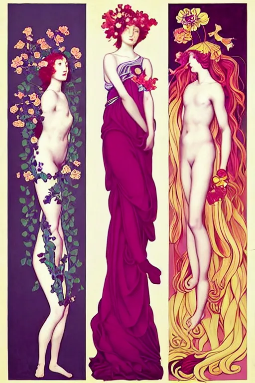 Image similar to 3 Spring Muses symbolically representing March, April, and May, in a style blending Æon Flux, Peter Chung, Shepard Fairey, Botticelli, Ivan Bolivian, and John Singer Sargent, inspired by pre-raphaelite paintings, shoujo manga, and cool Japanese street fashion, dramatically blossoming flora and fauna, petals falling everywhere, pastel vivid triad colors, hyper detailed, super fine inking lines, ethereal and otherworldly, 4K extremely photorealistic, Arnold render