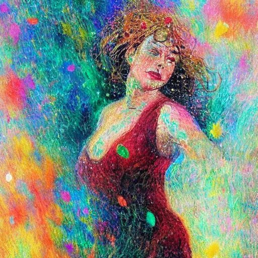 Image similar to a woman 💃 disintegrating into small particles of love, behancehd, impressionism