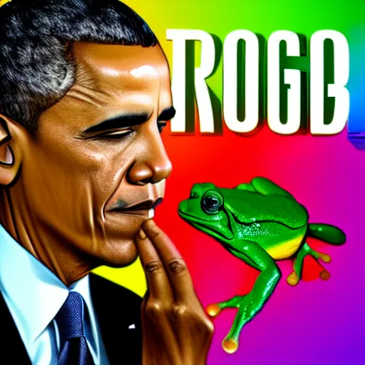 Prompt: Obama turned frog gay with chemicals colorful photo-realistic