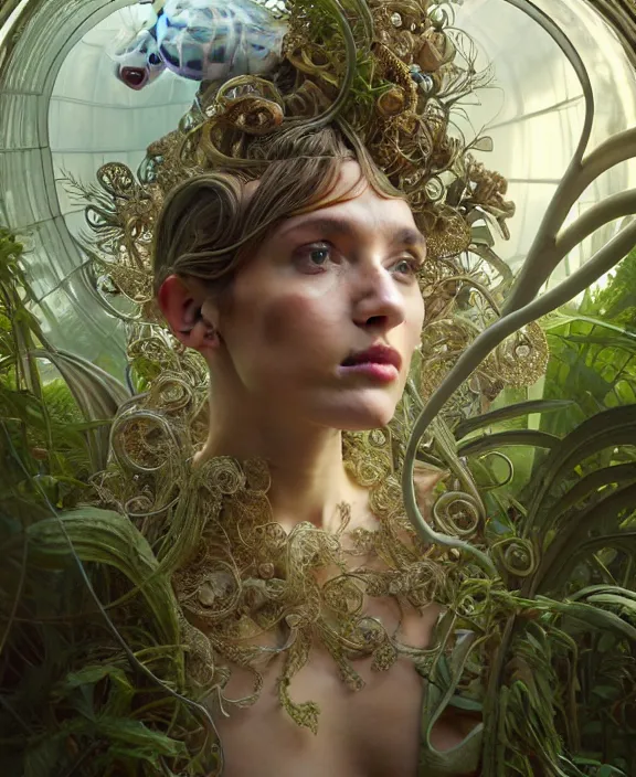 Image similar to intricate ornate opulent transparent clear see - through portrait of a horrific beautiful male human isopod nautilus tornado, adorable, childlike, overgrown jungle environment, ultra realistic, concept art, art nouveau, photorealistic, octane render, 8 k, unreal engine. art by christopher marley and artgerm and greg rutkowski and alphonse mucha