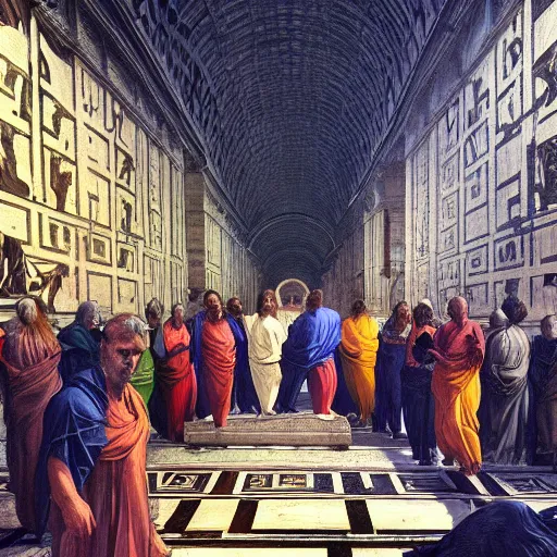Image similar to the school of athens in cyberpunk style, iconic paiting, concept art, art, hyper detailed, intricate, 8 k, illustration