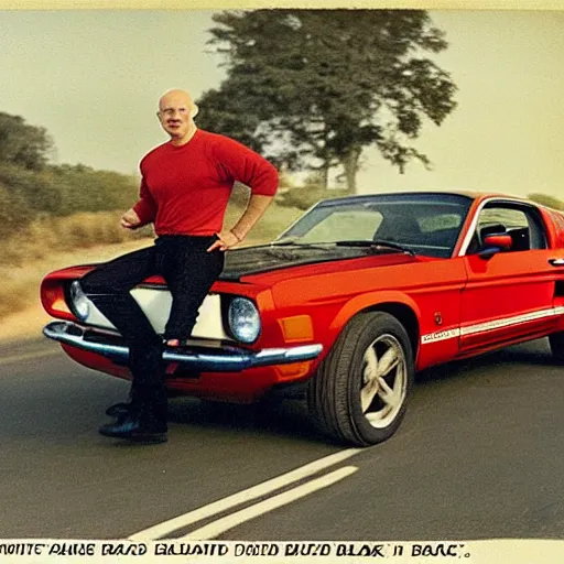 Prompt: coloured photograph of a muscled young white bald guy with broad shoulders, black shirt and a large chest driving a racing red mustang down a british road, high detail