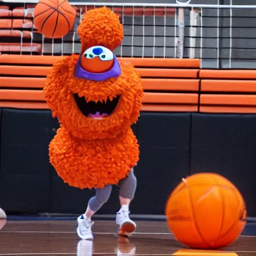 Image similar to a majestic friendly orange monster made of basketballs by pixar consumes a puny winpy cowboy at a basketball court