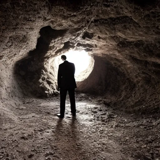 Prompt: rich businessman holding inside dark cave