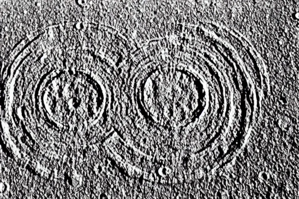 Prompt: the crop circle of wheat on the surface of the moon!!!!!! with various bizarre patterns. 1 9 7 0's vintage photo, frosted texture.