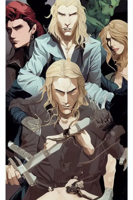 Image similar to Castlevania artwork by Patryk Hardziej, Tomer Hanuka, beautiful androgynous men with long blond hair