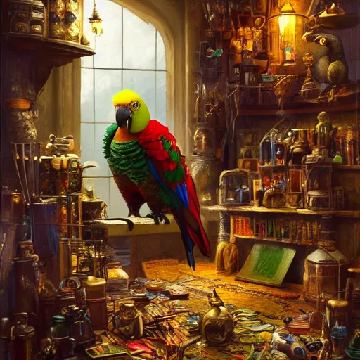 Image similar to A Anthropomorphized parrot trader in his shop, selling his wares, portrait, items, gold, carpet, window, sly expression, cunning expression, D&D, fantasy, intricate, cinematic lighting, highly detailed, digital painting, artstation, concept art, smooth, sharp focus, illustration, art by Greg Rutkowski