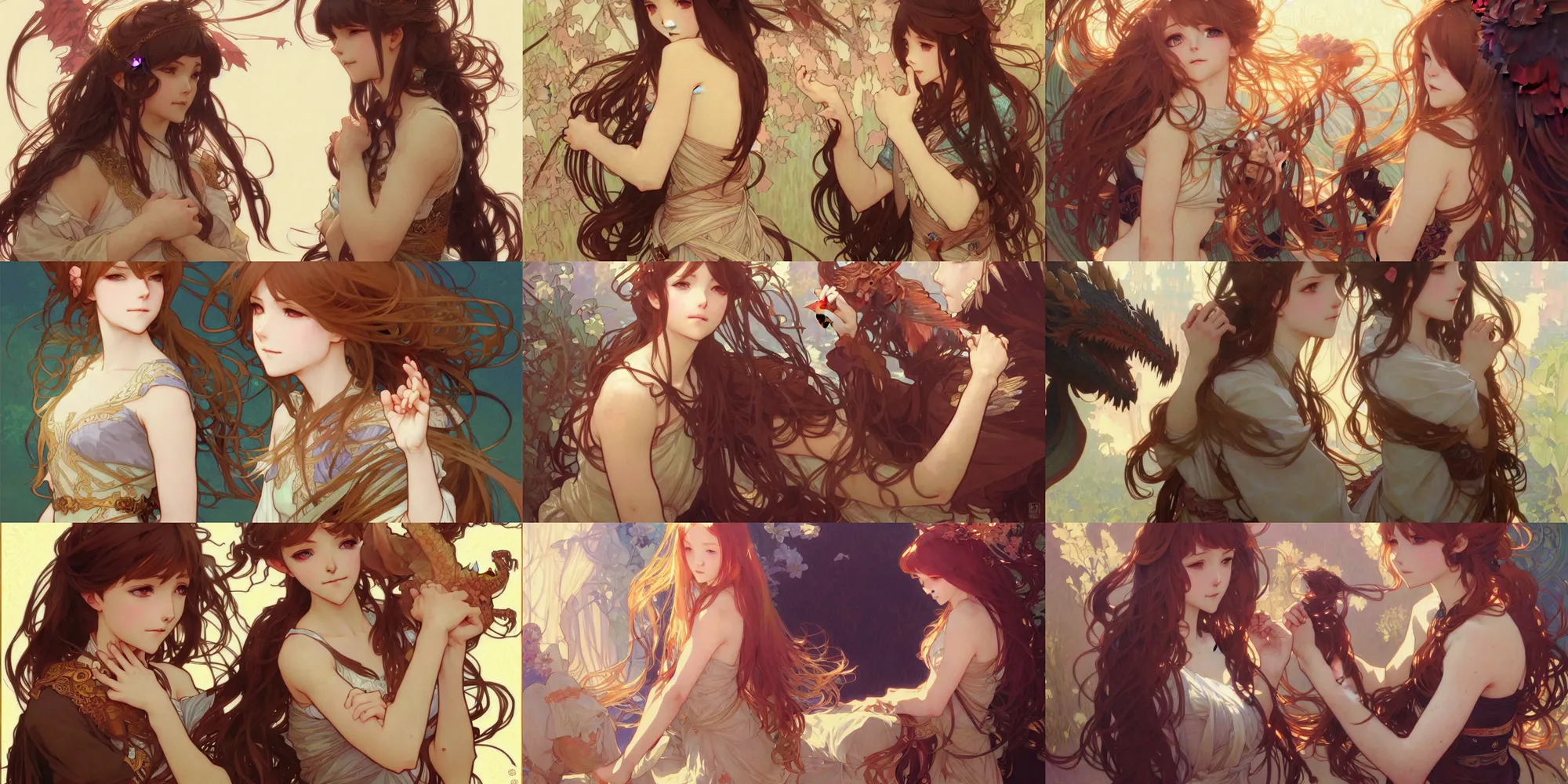 Prompt: girl petting a dragon intricate illustration by krenz cushart, alphonse mucha, trending on artstation