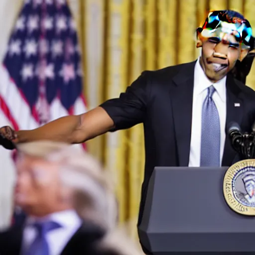 Prompt: an extremely buff Barack Obama flexing his muscles at Donald trump crying, 8k photo, journalistic