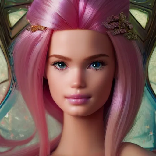 Image similar to a beautiful portrait of barbie ; crisp sharp focus ; ultra realistic, concept art, intricate details, stunning model, highly detailed, photorealistic, octane render, 8 k, unreal engine. art by artgerm and greg rutkowski and charlie bowater and magali villeneuve and alphonse mucha