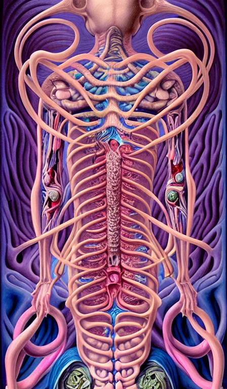 Prompt: a biomorphic painting of the the high priestess tarot card, a anatomical medical illustration by nychos and alex grey, cgsociety, neo - figurative, pastel blues and pinks, detailed painting, rococo, oil on canvas, lovecraftian