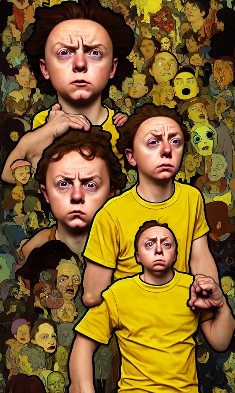 Prompt: hyper realistic portrait of an very young 1 2 yr dumb roundheaded round head morty, from rick and morty, worried, yellow t - shirt, portal in the background, by lee bermejo, alphonse mucha and greg rutkowski