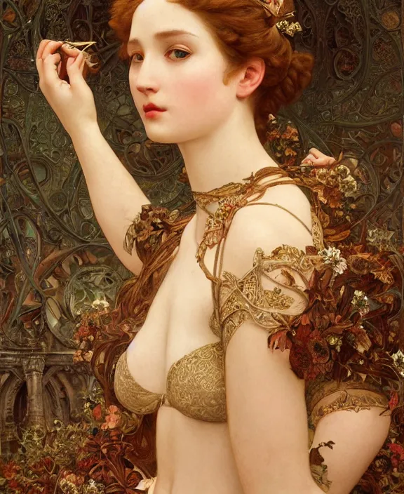 Prompt: a goddess, paint background, intricate and detailed lace set, suspenders, honey birdette, realistic renaissance portrait, highly detailed, digital painting, artstation, concept art, smooth, sharp focus, cinematic lighting, art by john collier, artgerm and greg rutkowski and alphonse mucha and jacques louis david and john william godward