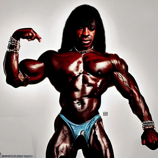 Image similar to Rick james with the physique of a body builder, hyper realistic, ultra detailed, cinematic, dynamic lighting, photorealistic, refined, intricate, digital art, digital painting, masterpiece, 8k